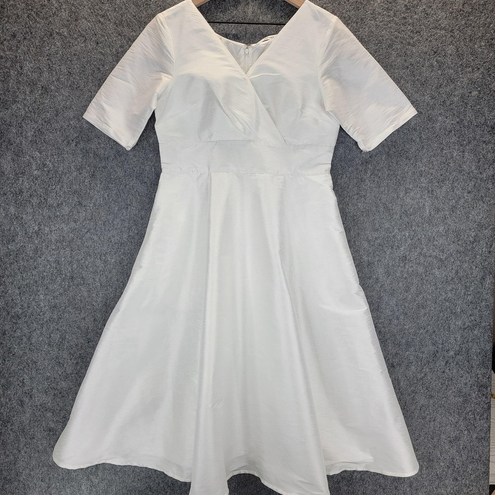 eShakti‎ Dress Womens M (10) White Satin Midi Fit Flare Pockets 50s Retro